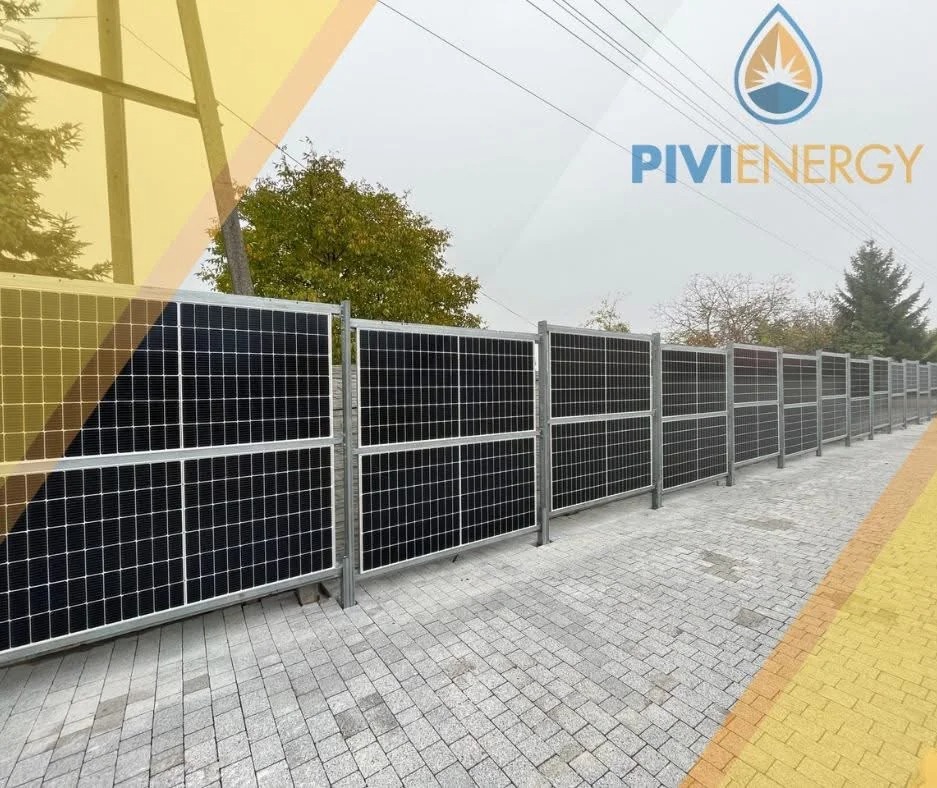 Długa instalacja fotowoltaiczna w formie ogrodzenia, z widocznym logo firmy PIVI Energy, na tle szarej kostki brukowej i zieleni drzew.