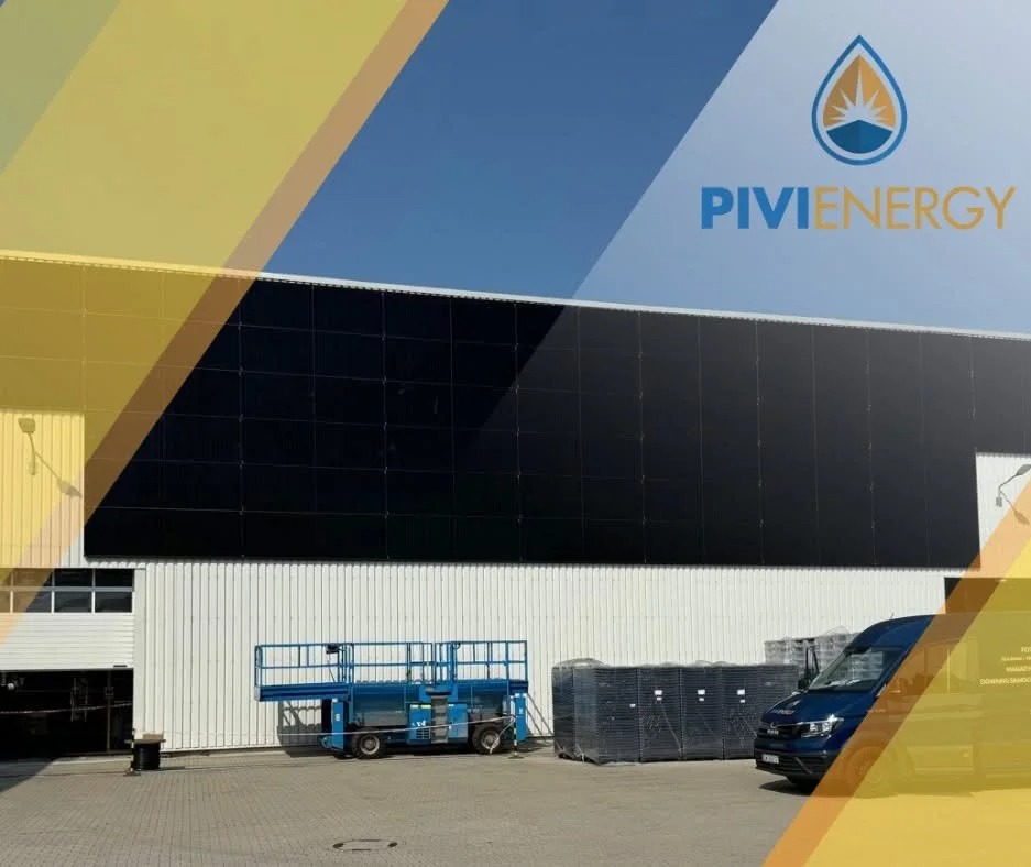 Duża instalacja paneli słonecznych na ścianie magazynu, z podnośnikiem i zapakowanymi panelami na dole. Logo firmy PIVI Energy w prawym górnym rogu.