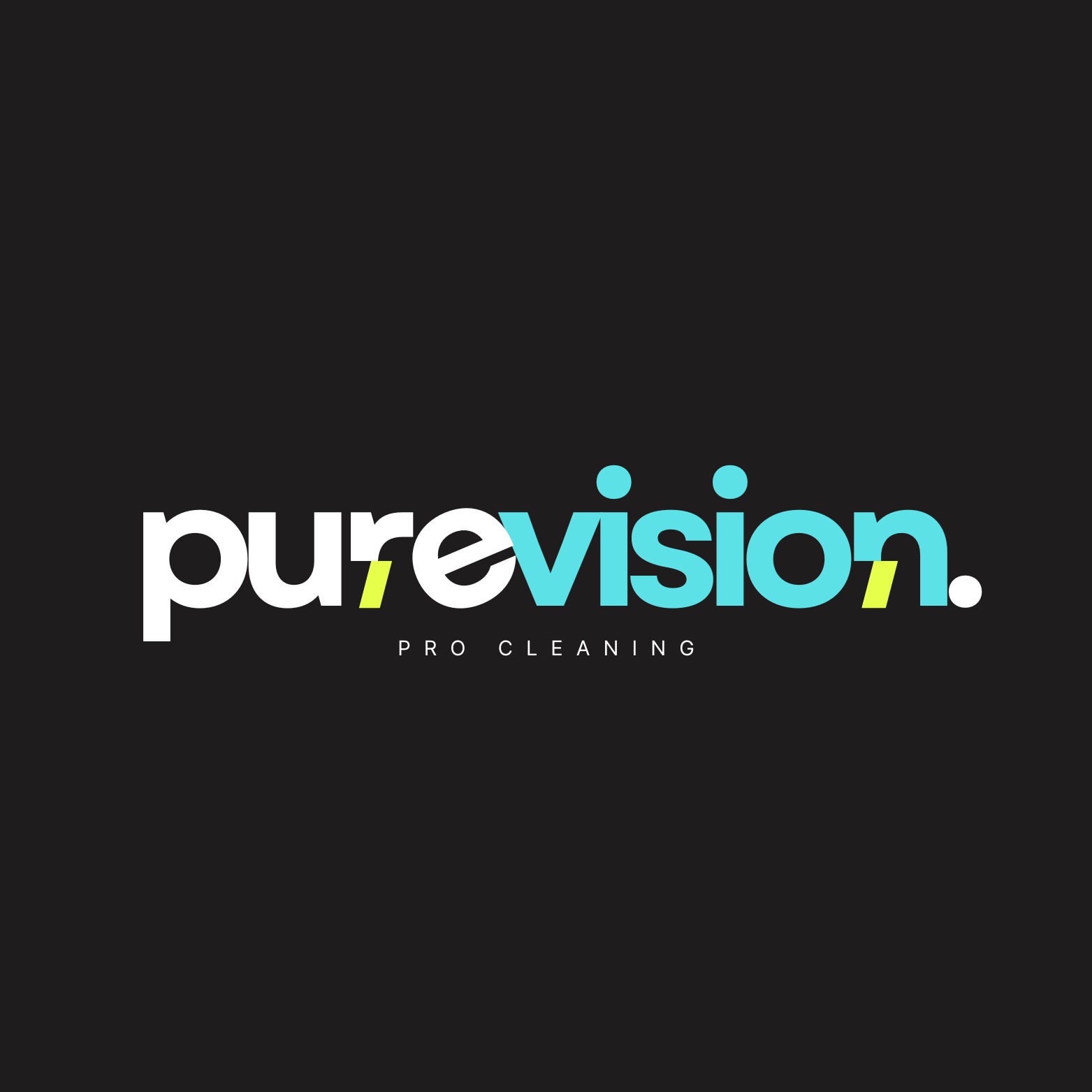 Minimalistyczne logo 'purevision.' z dopiskiem 'PRO CLEANING' na czarnym tle. Litery w kolorach białym, turkusowym i limonkowym.