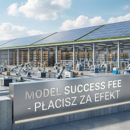 Kamil Trela - Nowoczesna hala produkcyjna z panelami słonecznymi i zielonym dachem. Automatyczne linie produkcyjne z robotami. Tablica z napisem 'Model Success Fee - Płacisz za efekt'.