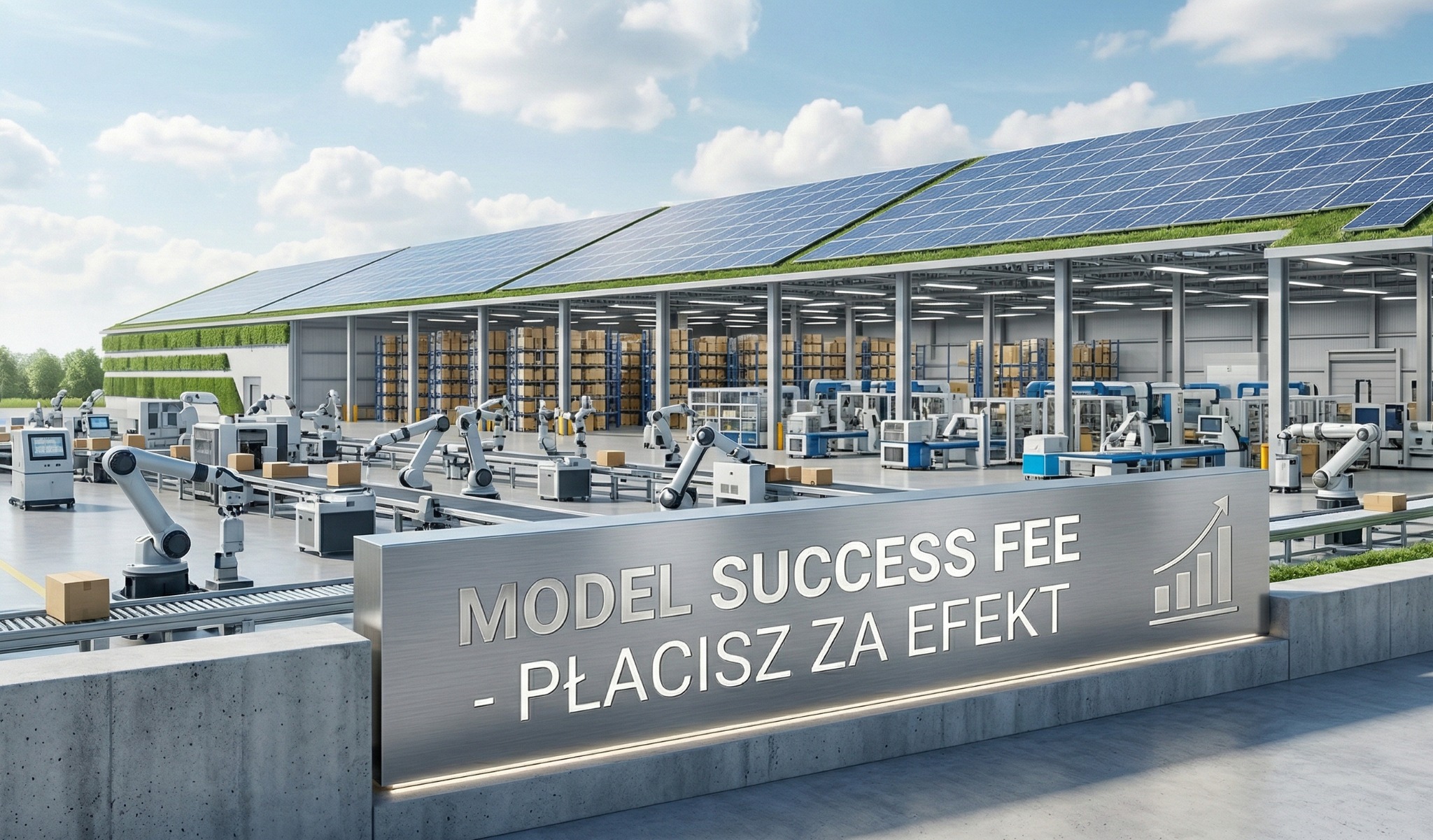 Nowoczesna hala produkcyjna z panelami słonecznymi i zielonym dachem. Automatyczne linie produkcyjne z robotami. Tablica z napisem 'Model Success Fee - Płacisz za efekt'.