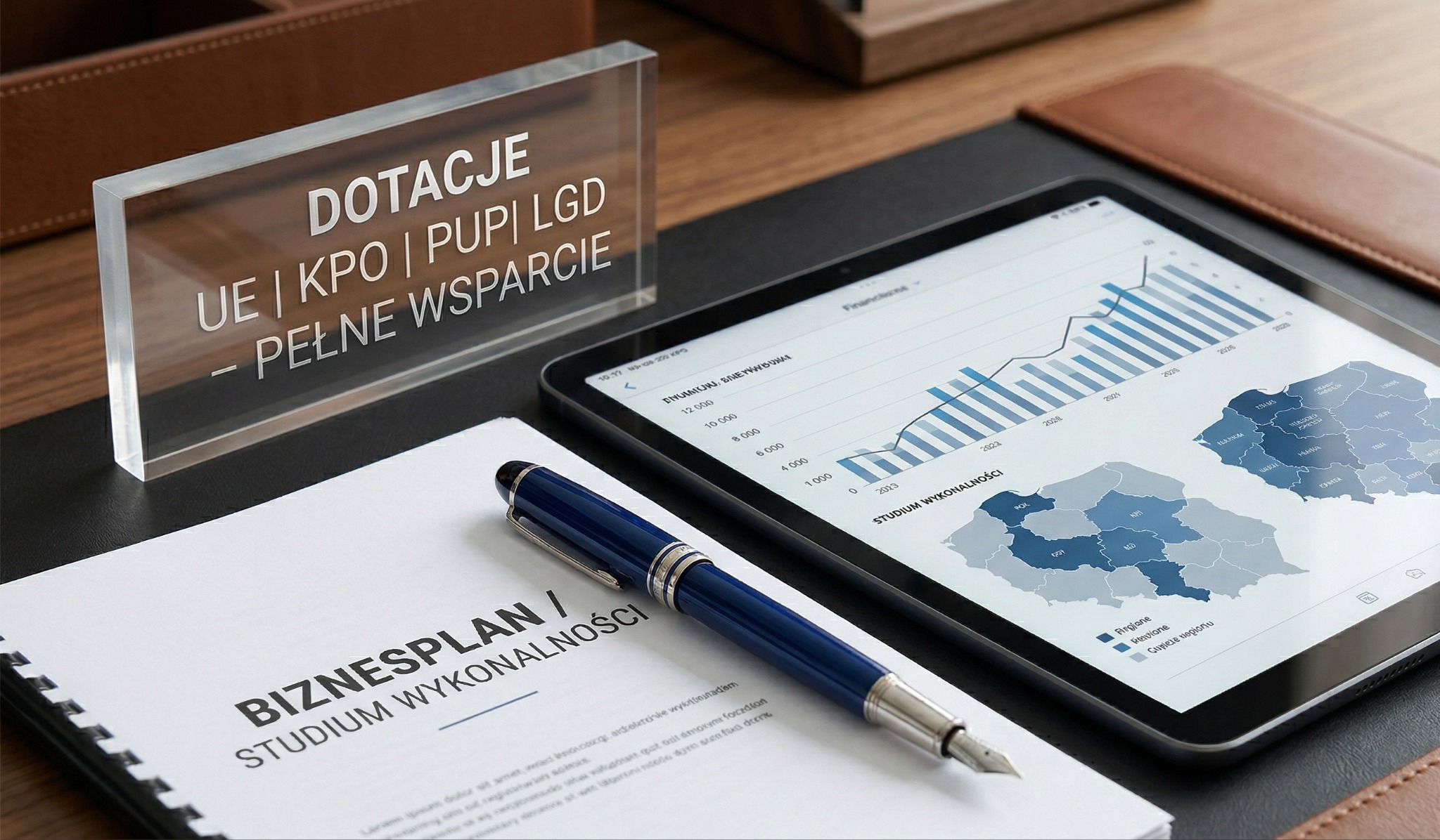 Stół z tabletem prezentującym wykresy, dokumentem z napisem 'Biznesplan' i akrylową tabliczką 'Dotacje UE KPO'. Eleganckie pióro obok.