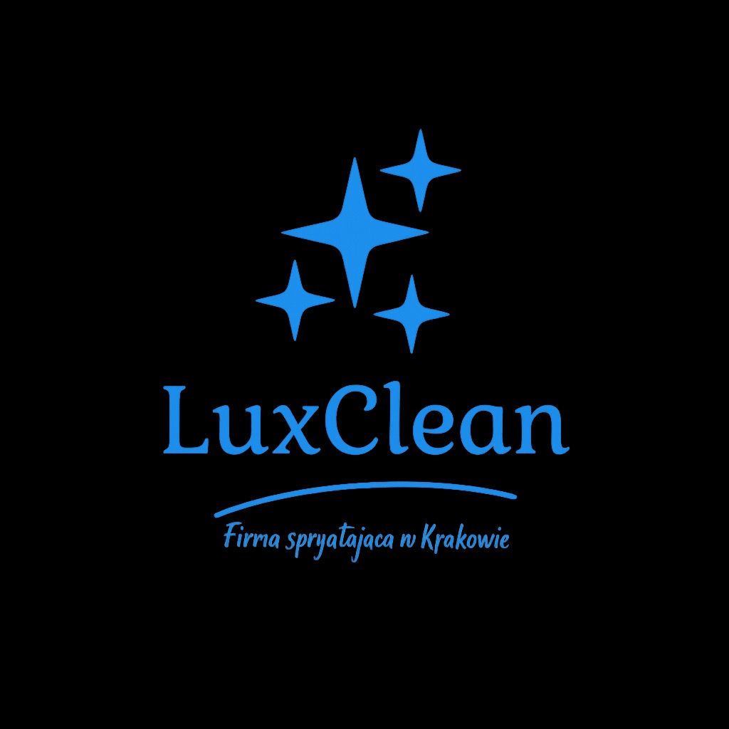 Logo firmy sprzątającej LuxClean z Krakowa, na czarnym tle, z trzema niebieskimi gwiazdami i nazwą firmy w kolorze niebieskim.
