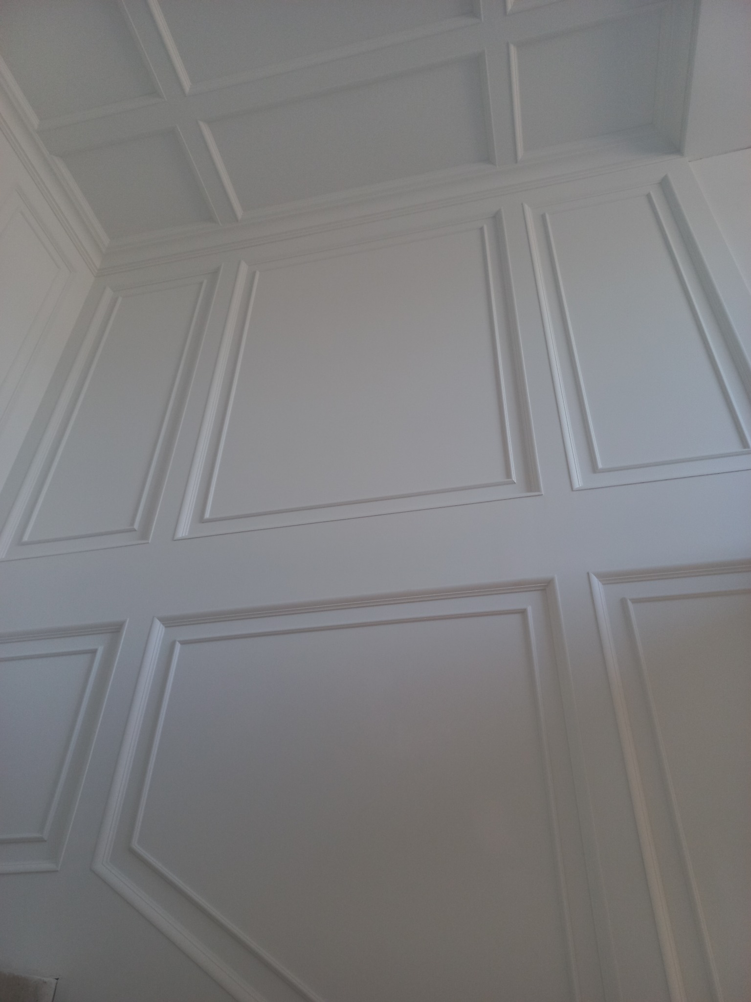 Biała ściana z dekoracyjnymi panelami i kasetonami sufitowymi, widok pod kątem. Klasyczny design, subtelne oświetlenie, minimalistyczny wystrój wnętrza.