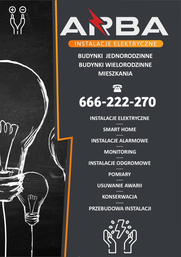 Grafika reklamowa firmy ARBA. Oferta obejmuje instalacje elektryczne, alarmowe, odgromowe, smart home, monitoring, pomiary, usuwanie awarii, konserwację i przebudowę instalacji.