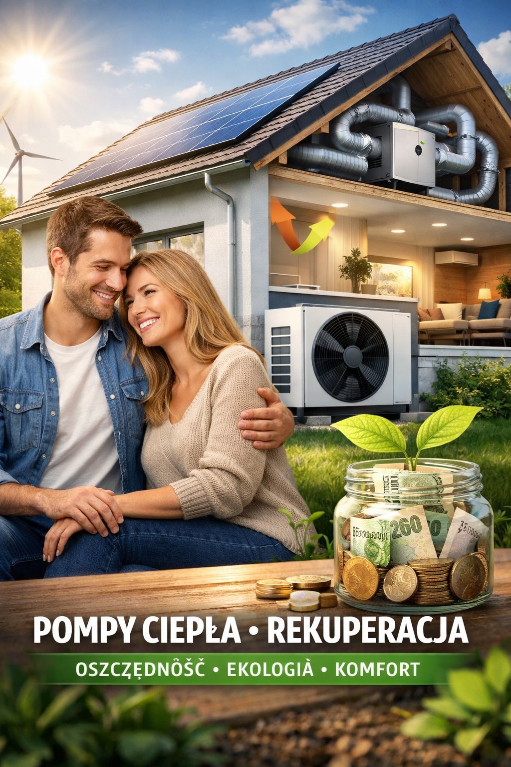 Dom z panelami słonecznymi, pompą ciepła i rekuperacją, symbolizujący oszczędność i ekologię. Para siedzi na pierwszym planie, a słoik z pieniędzmi i rośliną symbolizuje inwestycję.