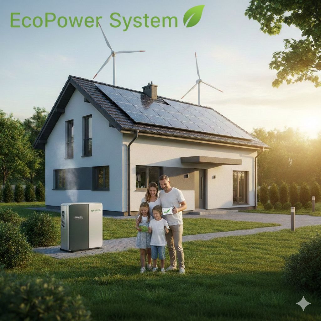 Rodzina przed domem z panelami słonecznymi i turbinami w tle, obok stoi szara jednostka zewnętrzna pompy ciepła. Na tablecie widoczny wykres wzrostu.