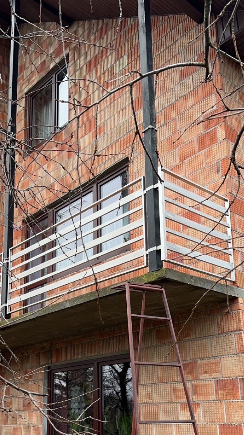 Balkon z metalową balustradą na tle ceglanej ściany budynku. Do balkonu przystawiona drabina. Widoczne gałęzie drzew. Ujęcie z dołu.