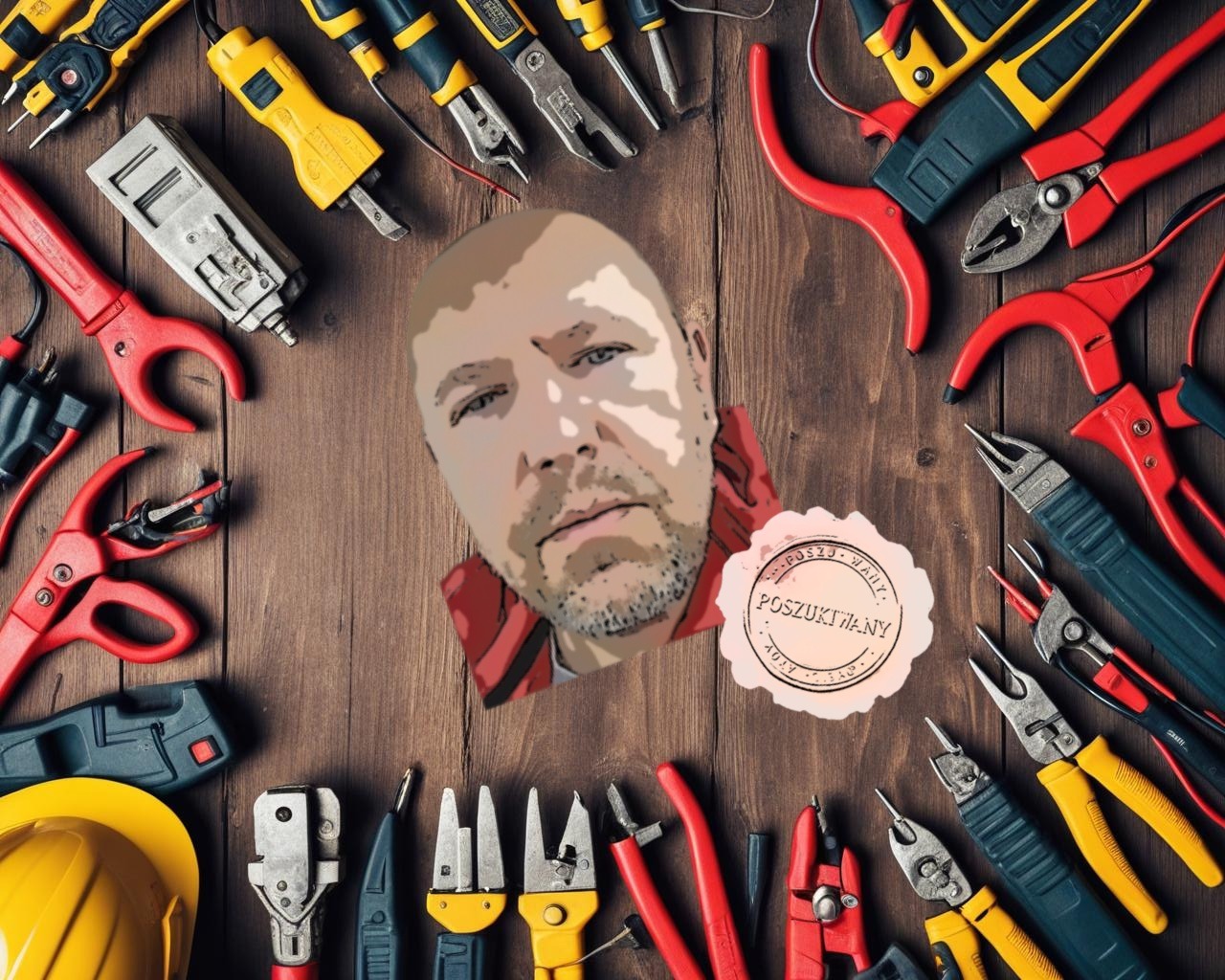 Różnorodne narzędzia elektryczne ułożone na drewnianym stole, z nałożoną grafiką twarzy i napisem 'Poszukiwany'. Nietypowe ujęcie narzędzi pracy elektryka.