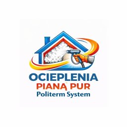 Darek Surgota - Ilustracja logo firmy: dom z pianą izolacyjną aplikowaną pistoletem, napis 'Ocieplenia Pianą PUR Politherm System' w kolorach niebieskim i czerwonym.