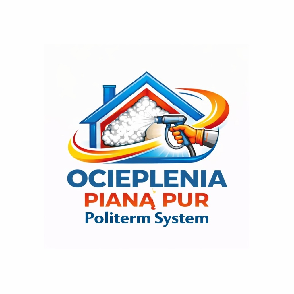 Ilustracja logo firmy: dom z pianą izolacyjną aplikowaną pistoletem, napis 'Ocieplenia Pianą PUR Politherm System' w kolorach niebieskim i czerwonym.
