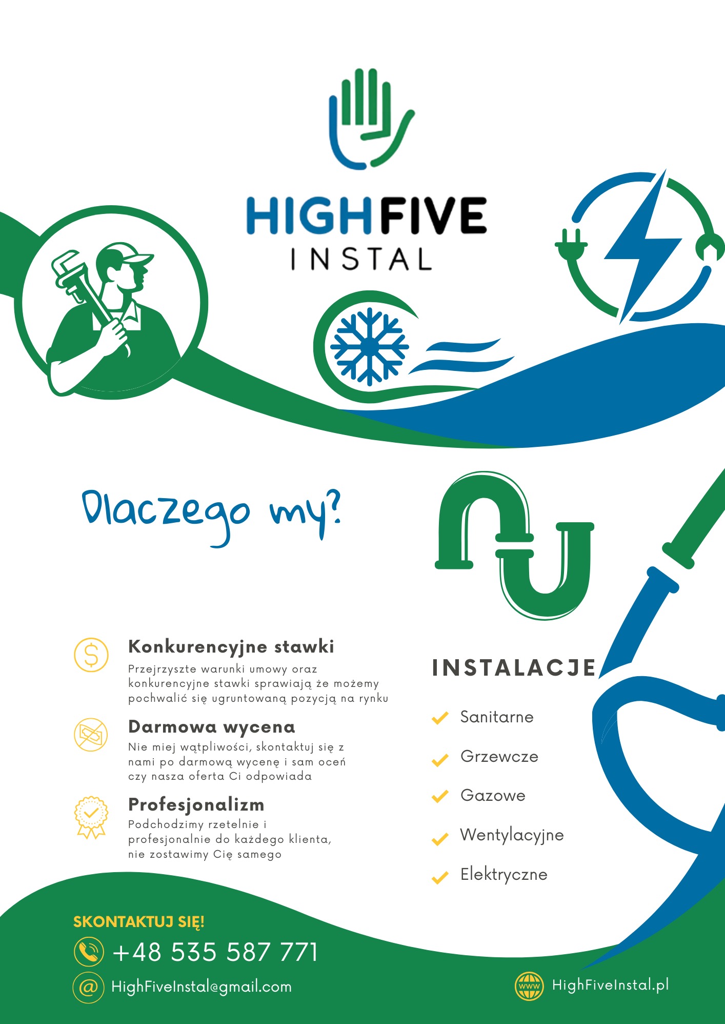 Grafika reklamowa HighFive Instal: instalacje sanitarne, grzewcze, gazowe, wentylacyjne i elektryczne. Kontakt: +48 535 587 771, HighFiveInstal@gmail.com.