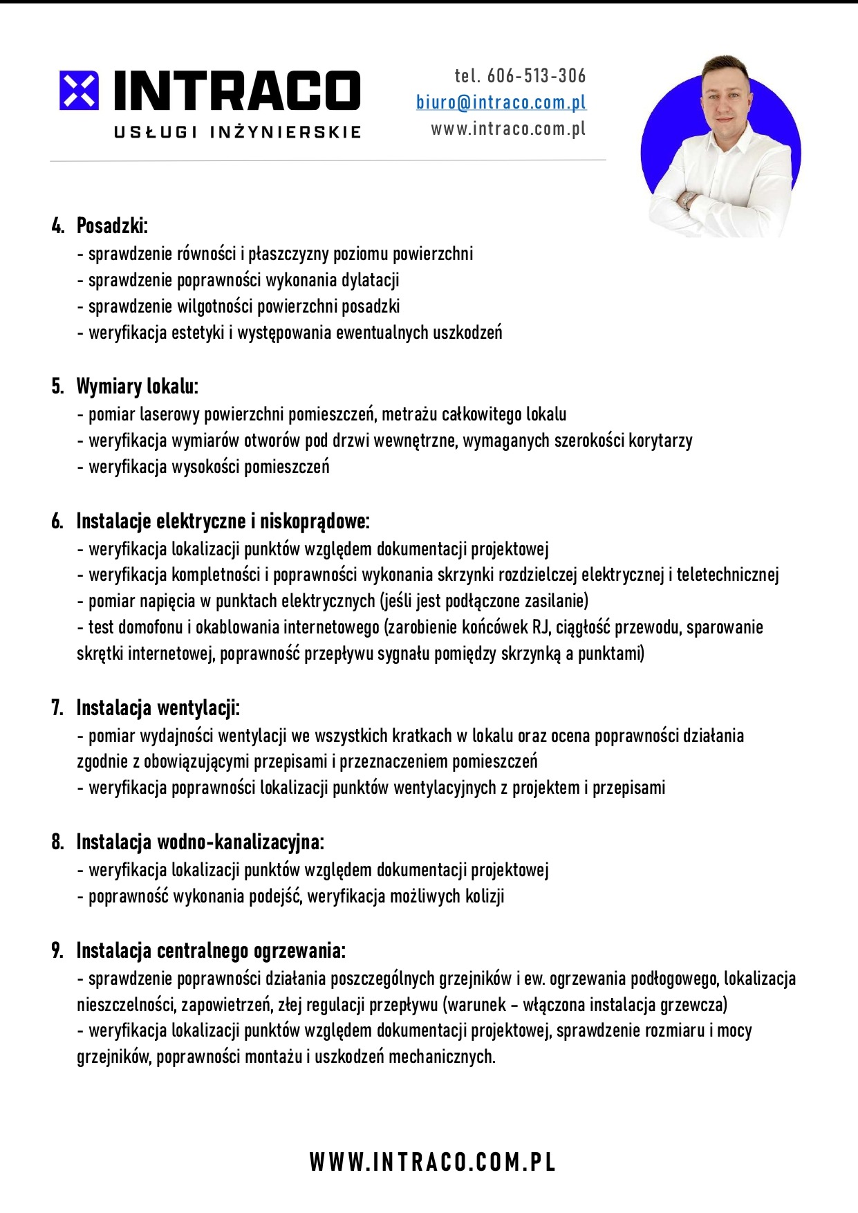 Usługi inżynierskie Intraco: logo firmy, dane kontaktowe, zakres usług (posadzki, wymiary lokalu, instalacje elektryczne, wentylacja, wod-kan, ogrzewanie).