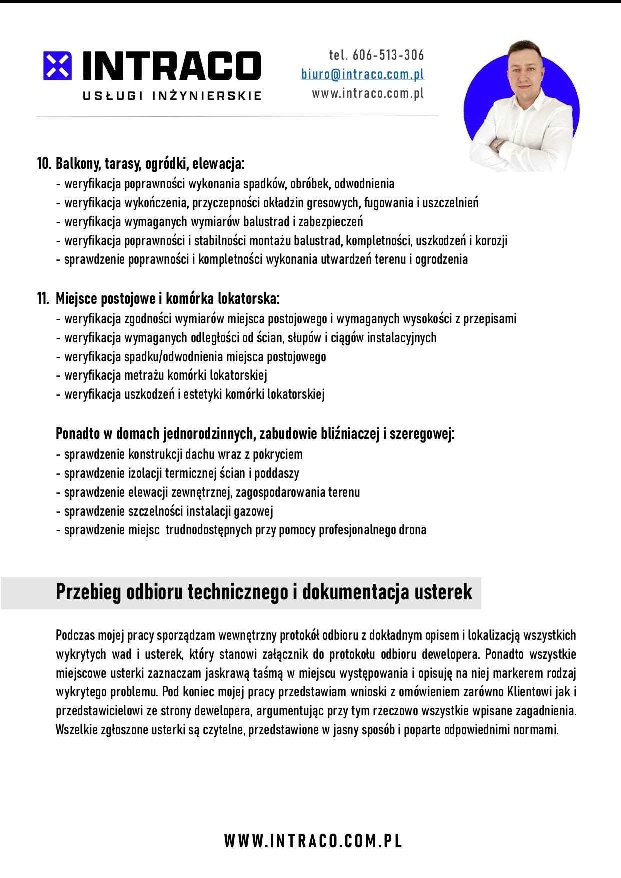 Infografika firmy Intracco Usługi Inżynierskie. Oferta obejmuje odbiory techniczne balkonów, tarasów, elewacji, komórek lokatorskich, domów. Sprawdzanie konstrukcji, izolacji, szczelności.