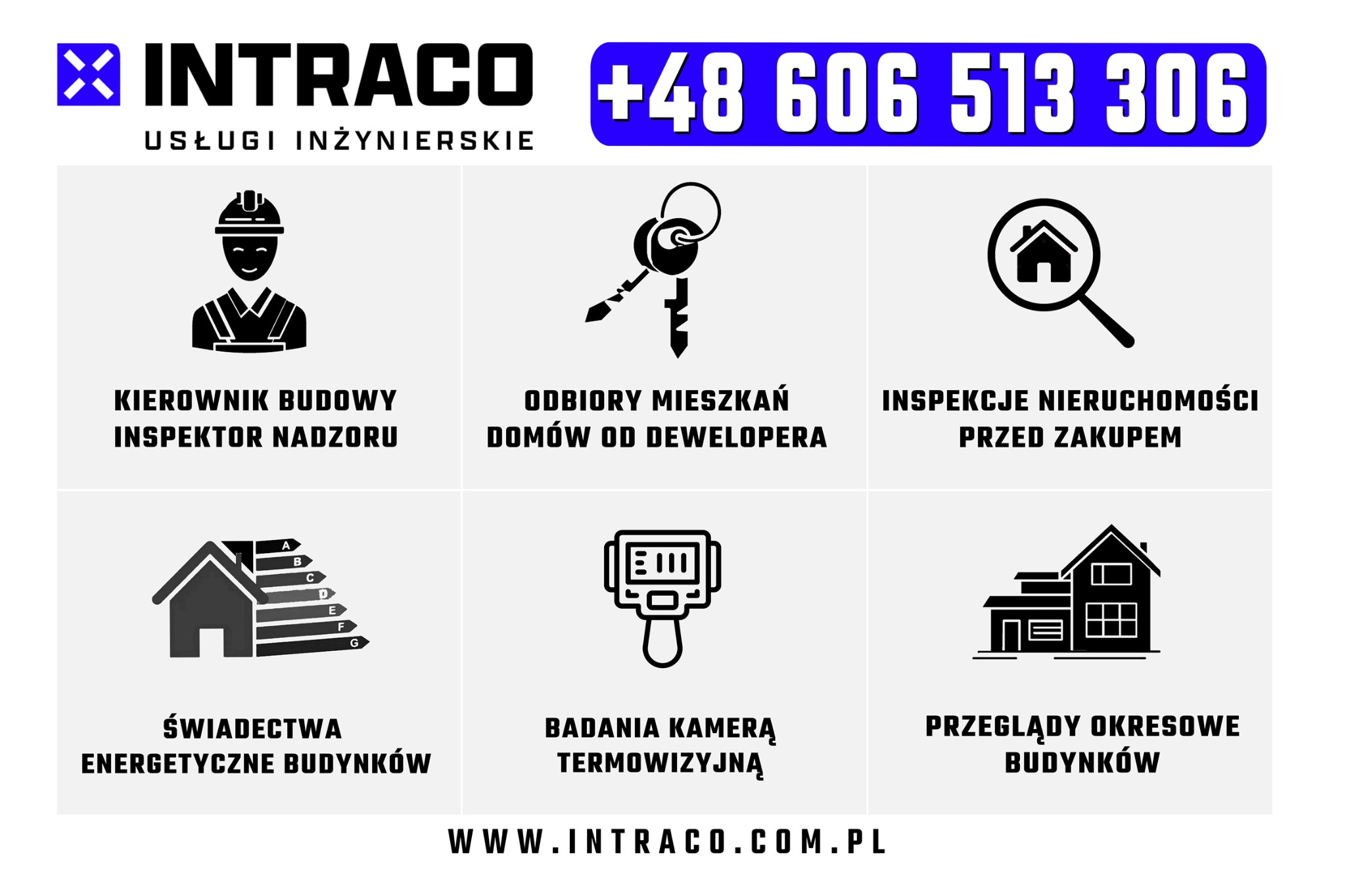 Usługi inżynierskie: kierownik budowy, odbiory mieszkań, inspekcje nieruchomości, świadectwa energetyczne, badania termowizyjne, przeglądy budynków. Kontakt i strona www.