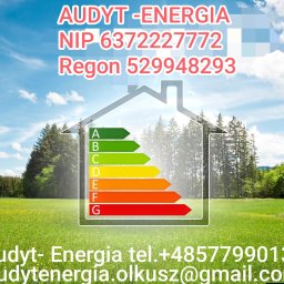 Audyt -Energia - Grafika z symbolem domu i klasami energetycznymi A-G na tle łąki i lasu. U góry dane firmy Audyt-Energia, NIP, Regon, a na dole kontakt: telefon i adres e-mail.