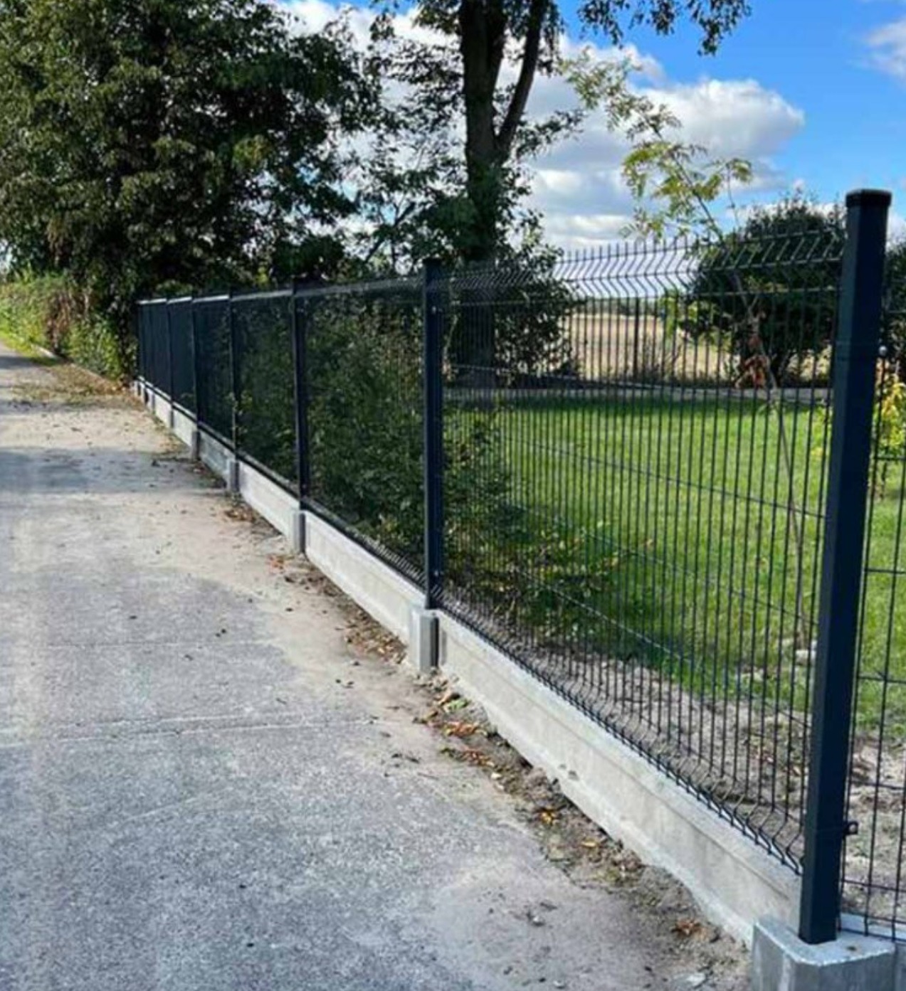 Ciemna, panelowa konstrukcja ogrodzeniowa z podmurówką betonową, widoczna z boku na tle zieleni i błękitnego nieba. Słupki ogrodzenia w kolorze grafitowym.