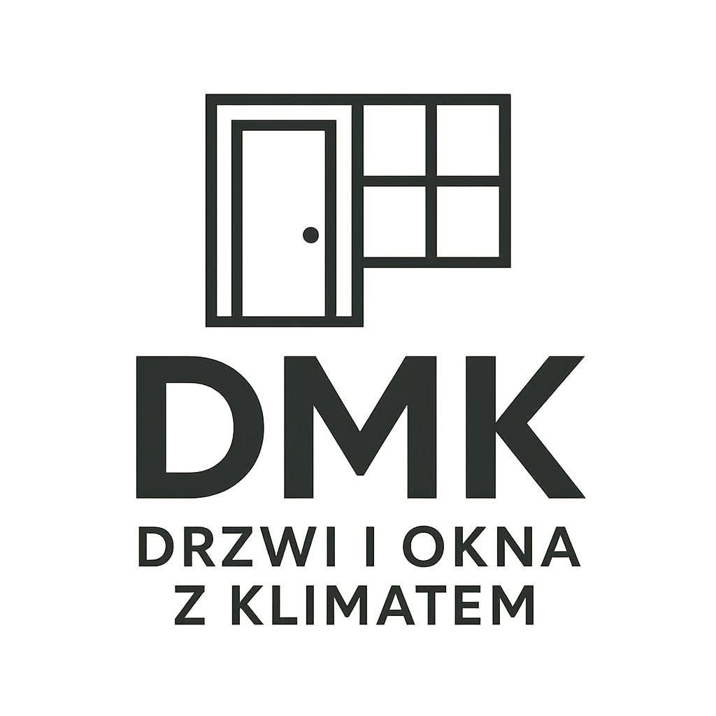 Logo firmy DMK: grafika z ikoną drzwi i okna nad napisem 'DMK DRZWI I OKNA Z KLIMATEM' w kolorze czarnym na białym tle.