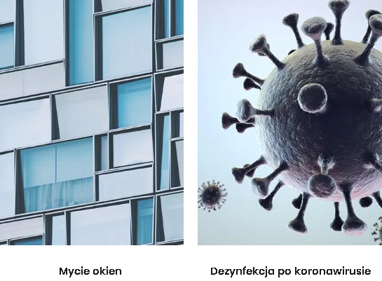 Błękitne, szklane okna budynku biurowego po lewej, kontrastujące z wizualizacją wirusa po prawej. Czystość i zagrożenie w jednym kadrze.