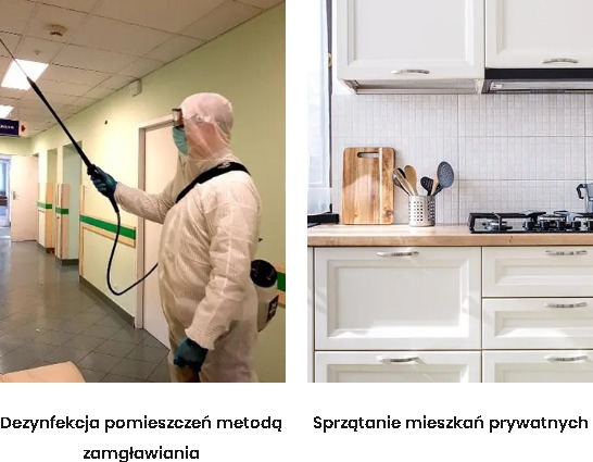 Dezynfekcja pomieszczeń metodą zamgławiania w szpitalnym korytarzu i czysta, biała kuchnia z drewnianym blatem. Kontrastowe ujęcie usług sprzątania.