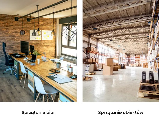 Nowoczesne biuro z długim drewnianym stołem, ceglaną ścianą i designerskimi lampami. Widok na czyste, uporządkowane stanowiska pracy.