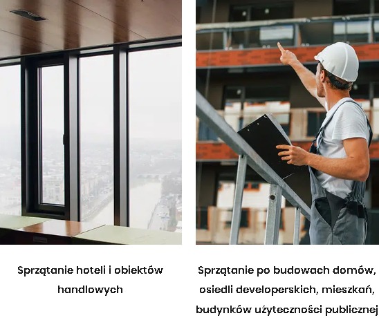 Dwa zdjęcia: wysokie okna w budynku biurowym i pracownik budowlany na tle budynku mieszkalnego. Koncepcja sprzątania po budowie i sprzątania komercyjnego.