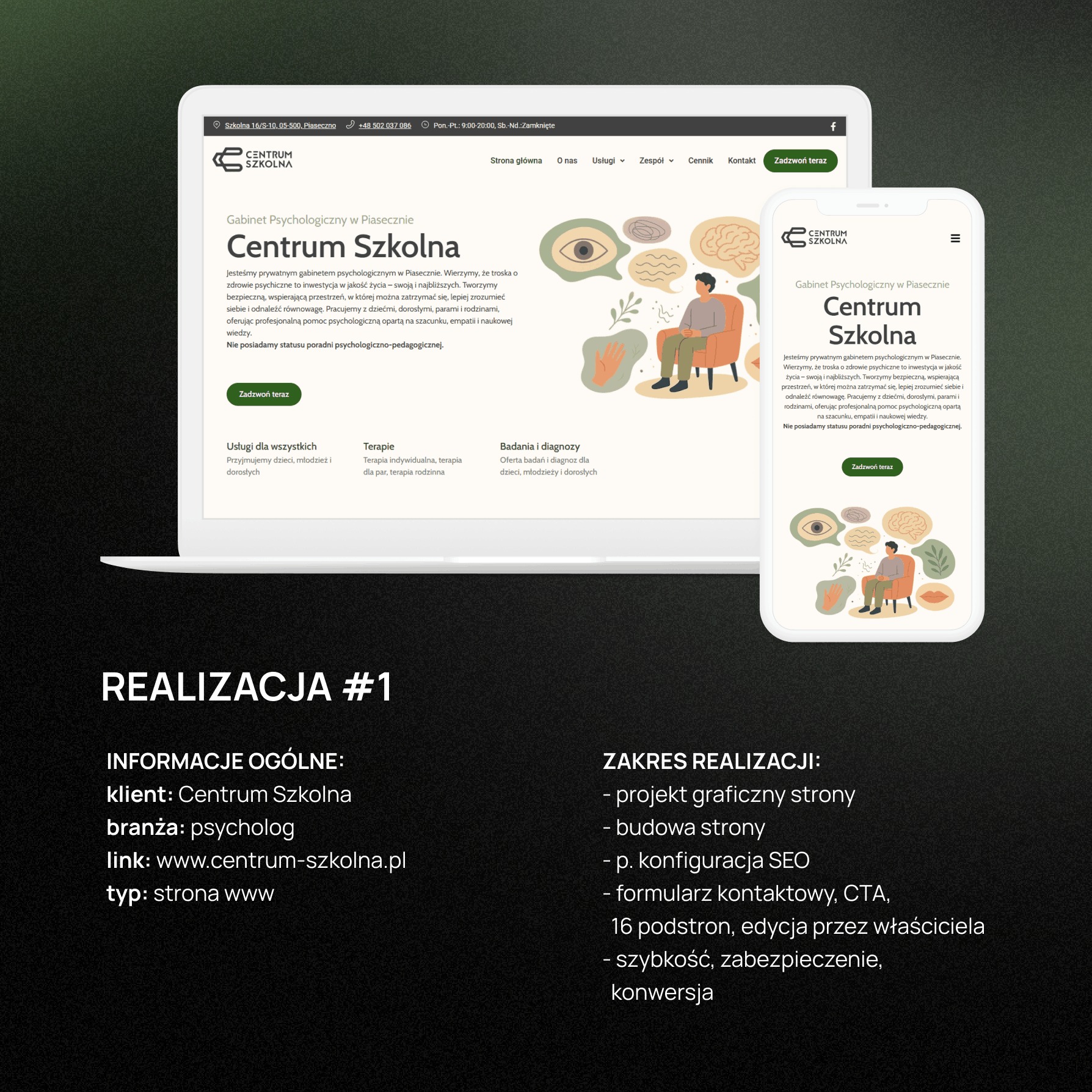 Responsywna strona www gabinetu psychologicznego na laptopie i smartfonie. Widok strony głównej z menu, ofertą i ilustracjami. Projekt graficzny, budowa, SEO i zabezpieczenia.