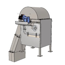 WLD Technology Stanisław Strózik - Szary model 3D konstrukcji stalowej z silnikiem i rurami, widok z boku, na białym tle. Precyzyjne odwzorowanie detali, techniczny charakter.