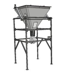 WLD Technology Stanisław Strózik - Model 3D stalowej konstrukcji wsporczej z lejowatym zbiornikiem, widok z boku, szara kolorystyka, techniczny charakter prezentacji.