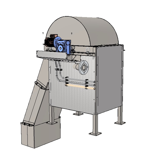 Szary model 3D konstrukcji stalowej z silnikiem i rurami, widok z boku, na białym tle. Precyzyjne odwzorowanie detali, techniczny charakter.