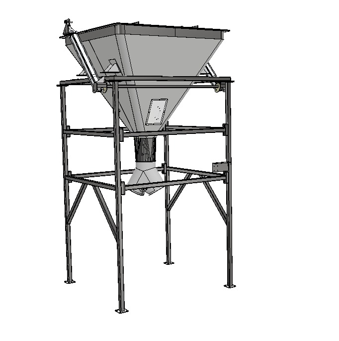 Model 3D stalowej konstrukcji wsporczej z lejowatym zbiornikiem, widok z boku, szara kolorystyka, techniczny charakter prezentacji.