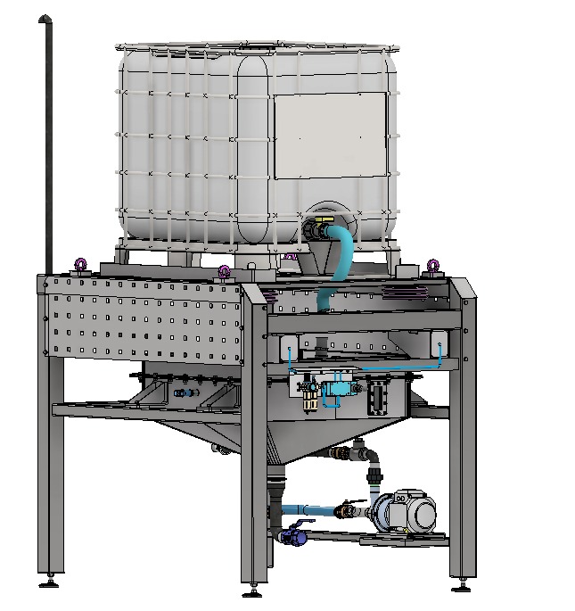 Projekt CAD/CAM/CAE: Wizualizacja 3D metalowej konstrukcji wsporczej z zbiornikiem, rurami i pompą. Precyzyjne detale, techniczny rysunek.