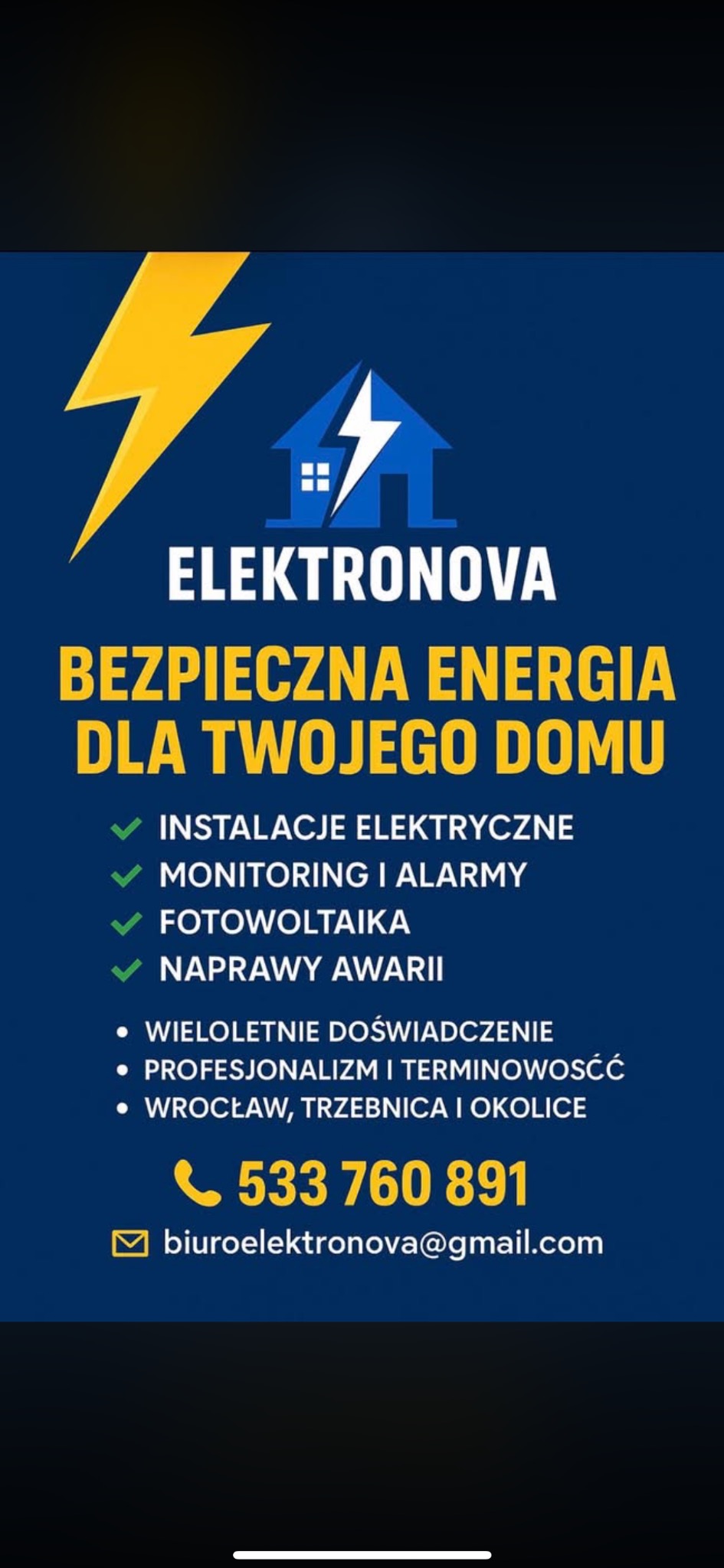 Grafika firmy Elektronova: instalacje elektryczne, monitoring, alarmy, fotowoltaika, naprawy awarii. Wrocław, Trzebnica i okolice. Kontakt: 533 760 891, biuroelektronova@gmail.com.