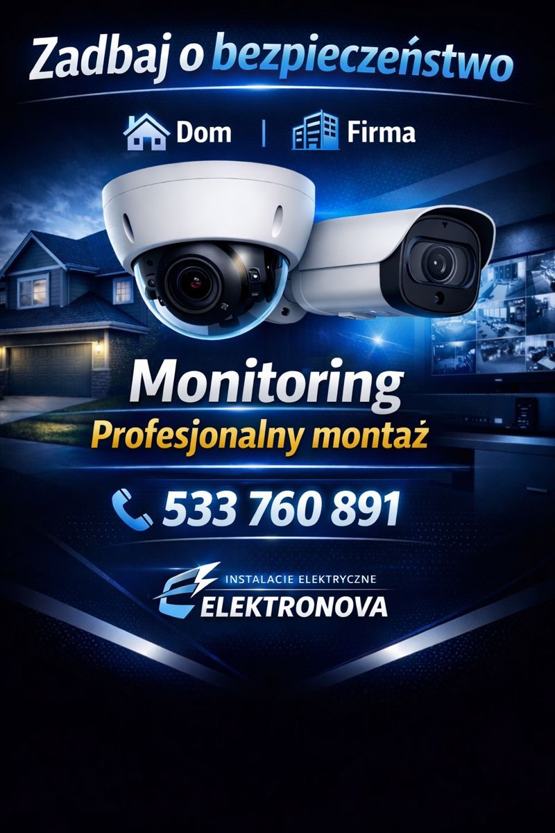 Profesjonalny montaż monitoringu: dwie kamery (kopułkowa i tubowa) na tle domu i ekranu z podglądem. Kontakt i logo firmy Elektronova.