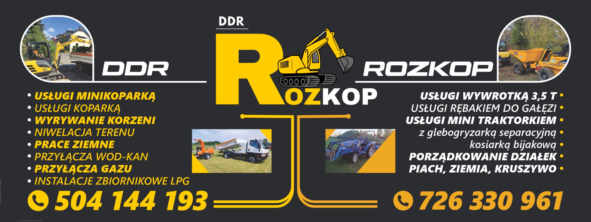 Grafika reklamowa usług ziemnych: minikoparka, koparka, wyrywanie korzeni, niwelacja terenu, przyłącza wod-kan, gazu, instalacje LPG, wywrotka, mini traktorek.