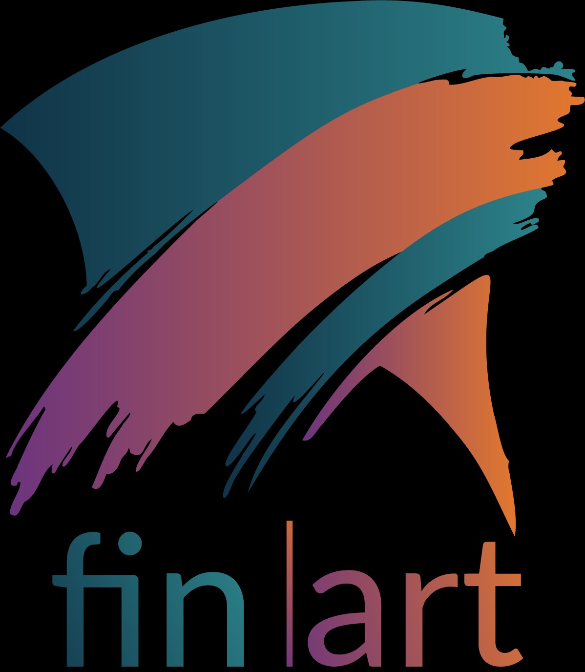 Abstrakcyjne logo 'fin|art' z gradientowymi pociągnięciami pędzla w odcieniach fioletu, niebieskiego i pomarańczowego na czarnym tle. Nowoczesny design.
