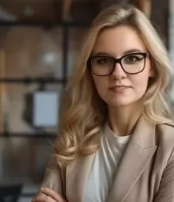 Profesjonalny portret blondynki w okularach i beżowej marynarce, skrzyżowane ręce, ciepłe oświetlenie, regał w tle. Reprezentacja biura rachunkowego.