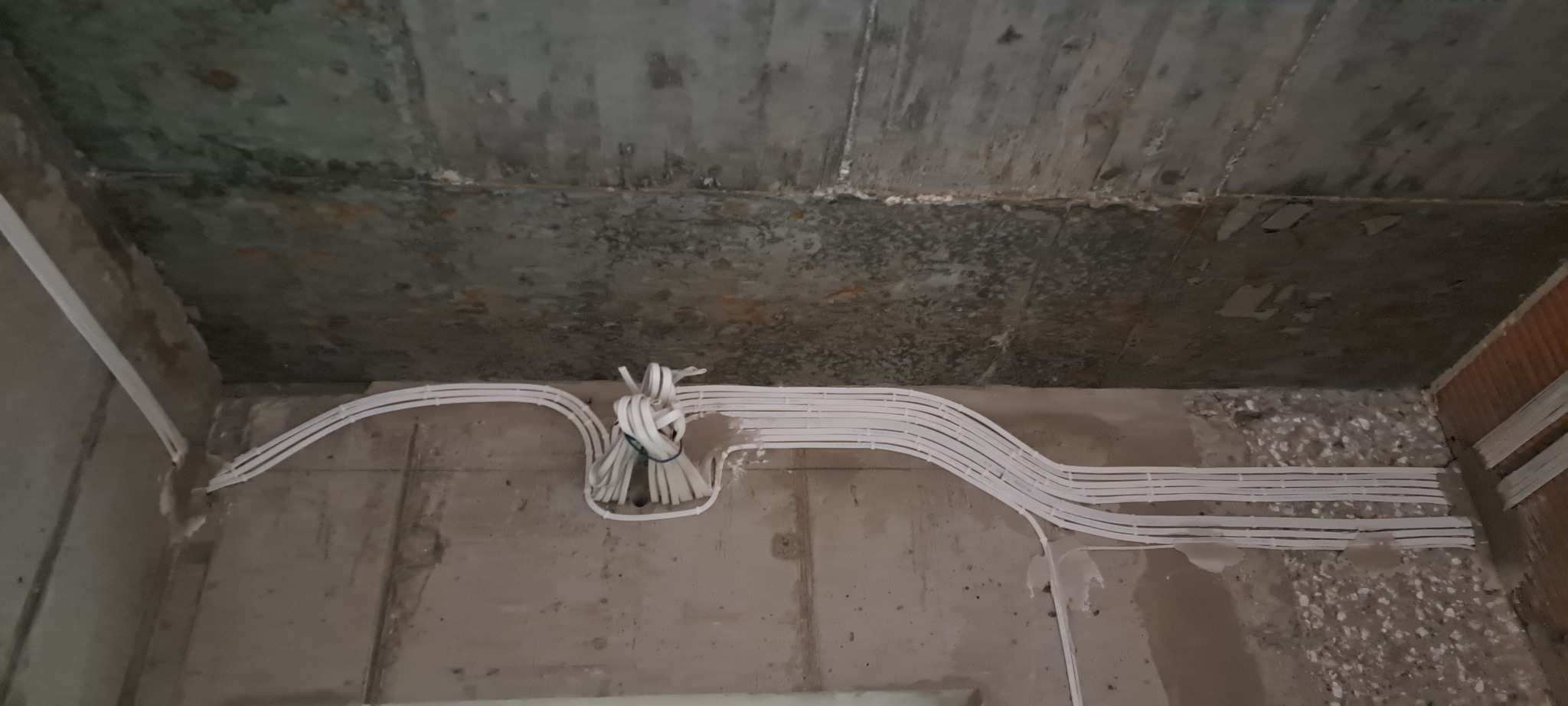 Białe kable elektryczne ułożone na surowej ścianie pod betonowym sufitem. Instalacja w trakcie prac, widoczne mocowania i wiązki kabli.