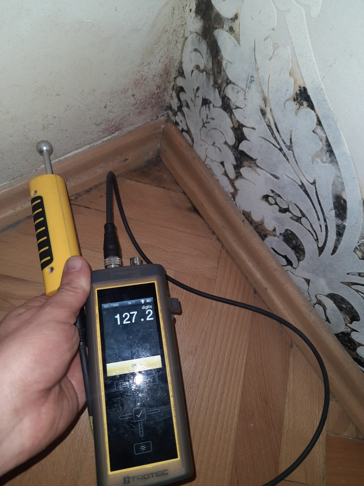 Pomiar wilgotności ściany z zagrzybieniem przy użyciu wilgotnościomierza TROTEC. Widoczny fragment ściany z tapetą i listwą przypodłogową. Pomiar 127.2.