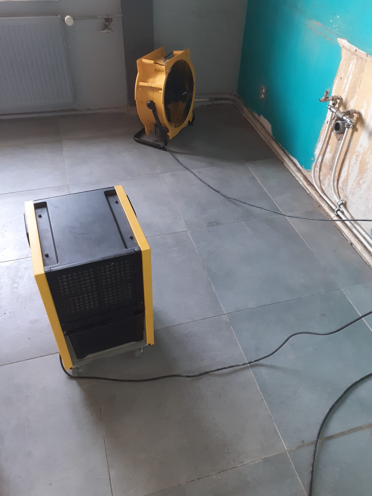 Żółte osuszacze kondensacyjne stoją na szarych płytkach w pomieszczeniu z niebieską ścianą w trakcie remontu. Widoczne rury i instalacje.