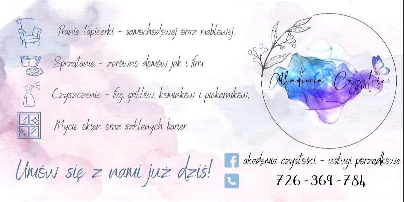 Grafika z ofertą usług: pranie tapicerki, sprzątanie domów i firm, czyszczenie fug, mycie okien. Kontakt i zaproszenie do współpracy.