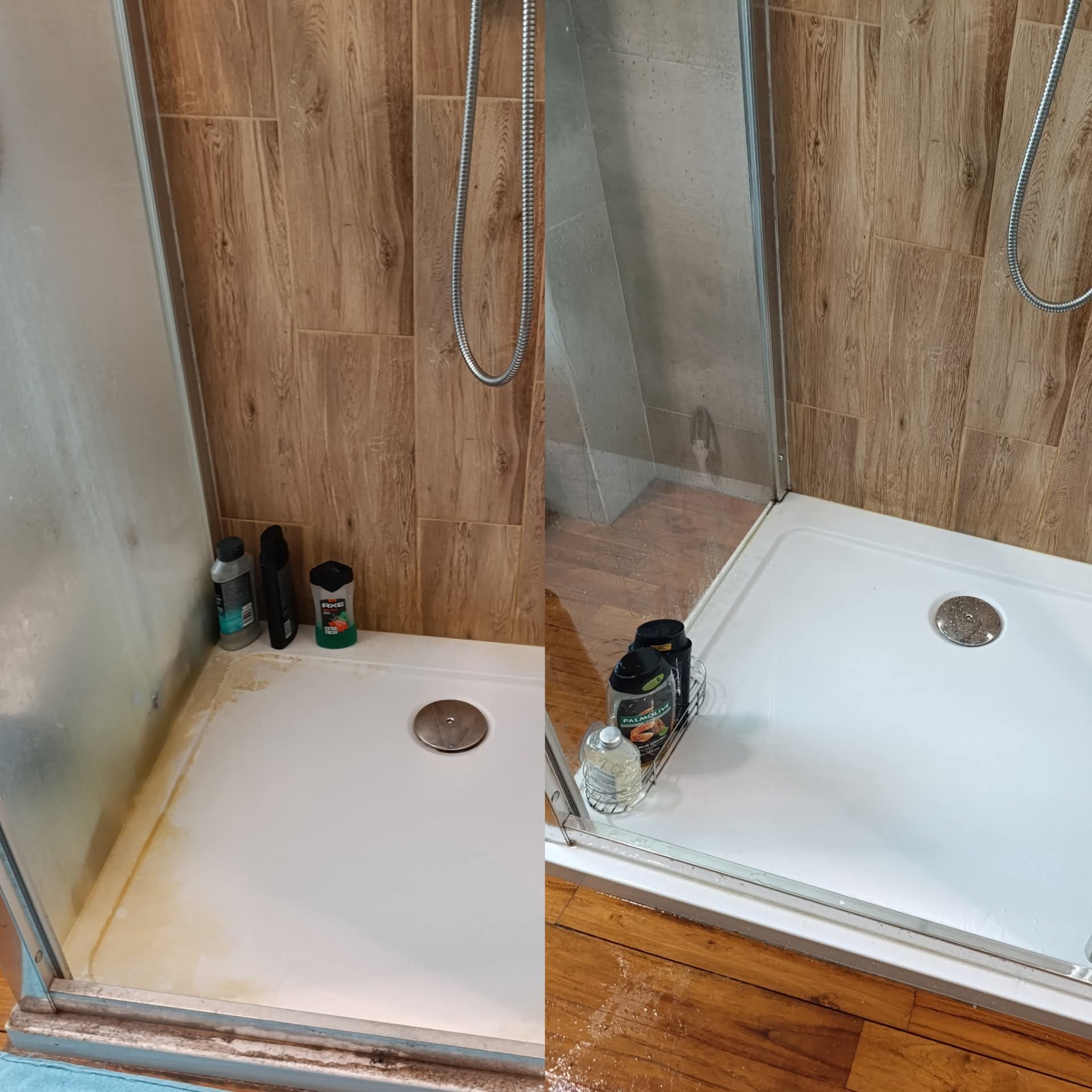 Kabina prysznicowa przed i po czyszczeniu. Widoczne osady i zabrudzenia usunięte, powierzchnia lśniąca. Efekt czyszczenia na drewnopodobnych płytkach i brodziku.