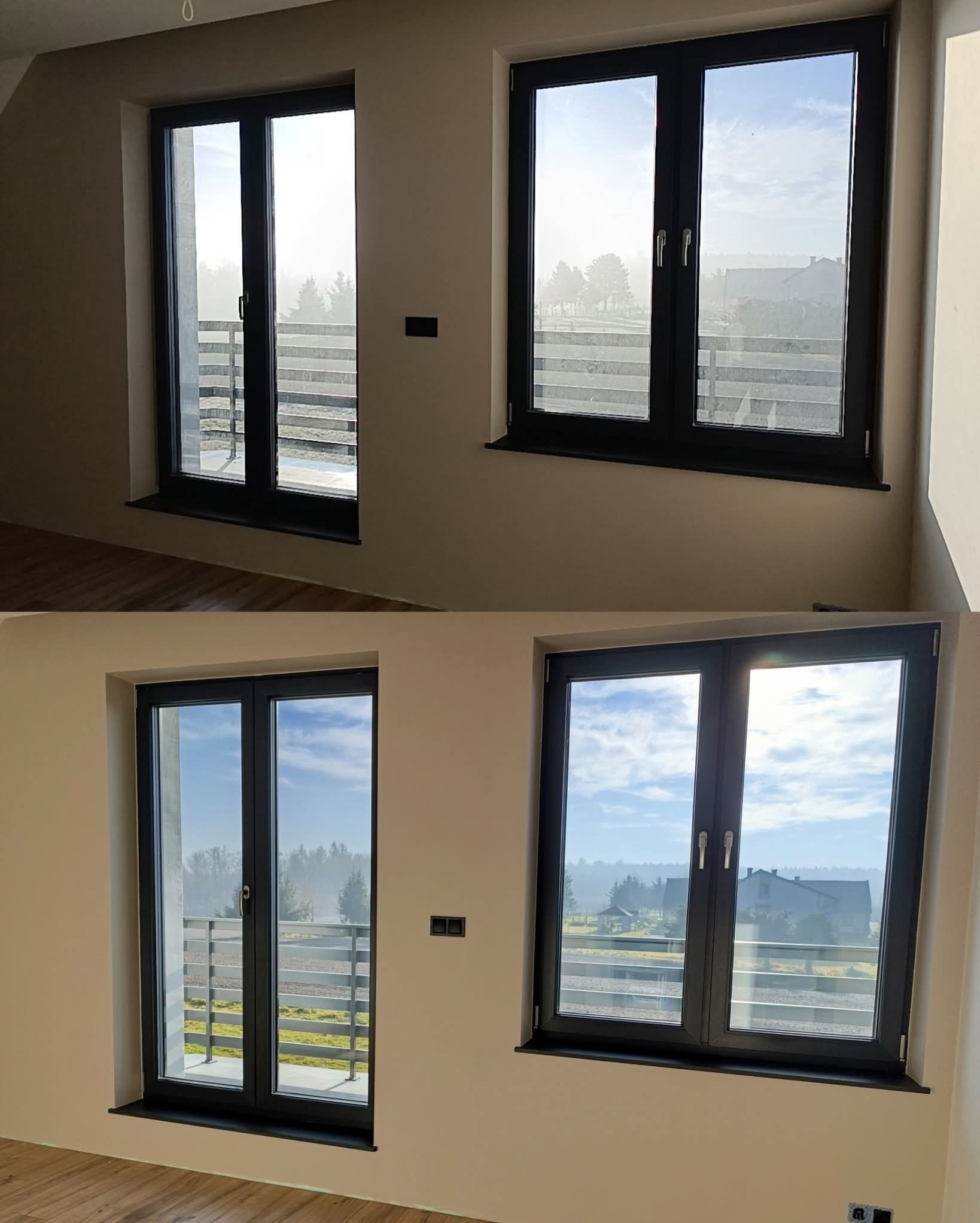 Dwa okna z czarnymi ramami, widok na zewnątrz. Górna część zdjęcia pokazuje okna przed umyciem, dolna po umyciu. Widoczne smugi na szybach w górnej części.
