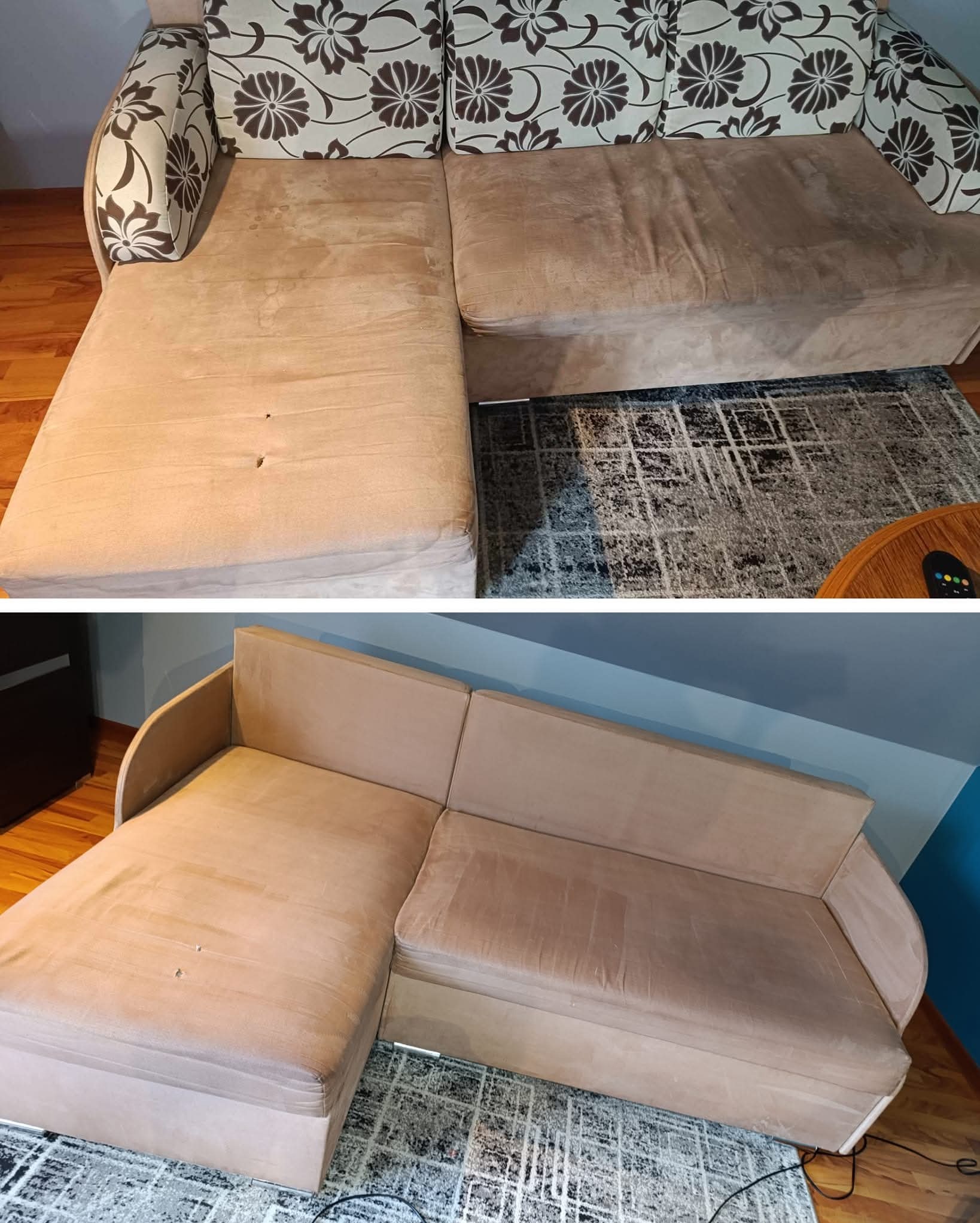 Sofa narożna z beżową tapicerką: widok przed i po czyszczeniu. Na górze zabrudzenia, na dole efekt po praniu. Kwiatowy wzór na poduszkach oparcia.