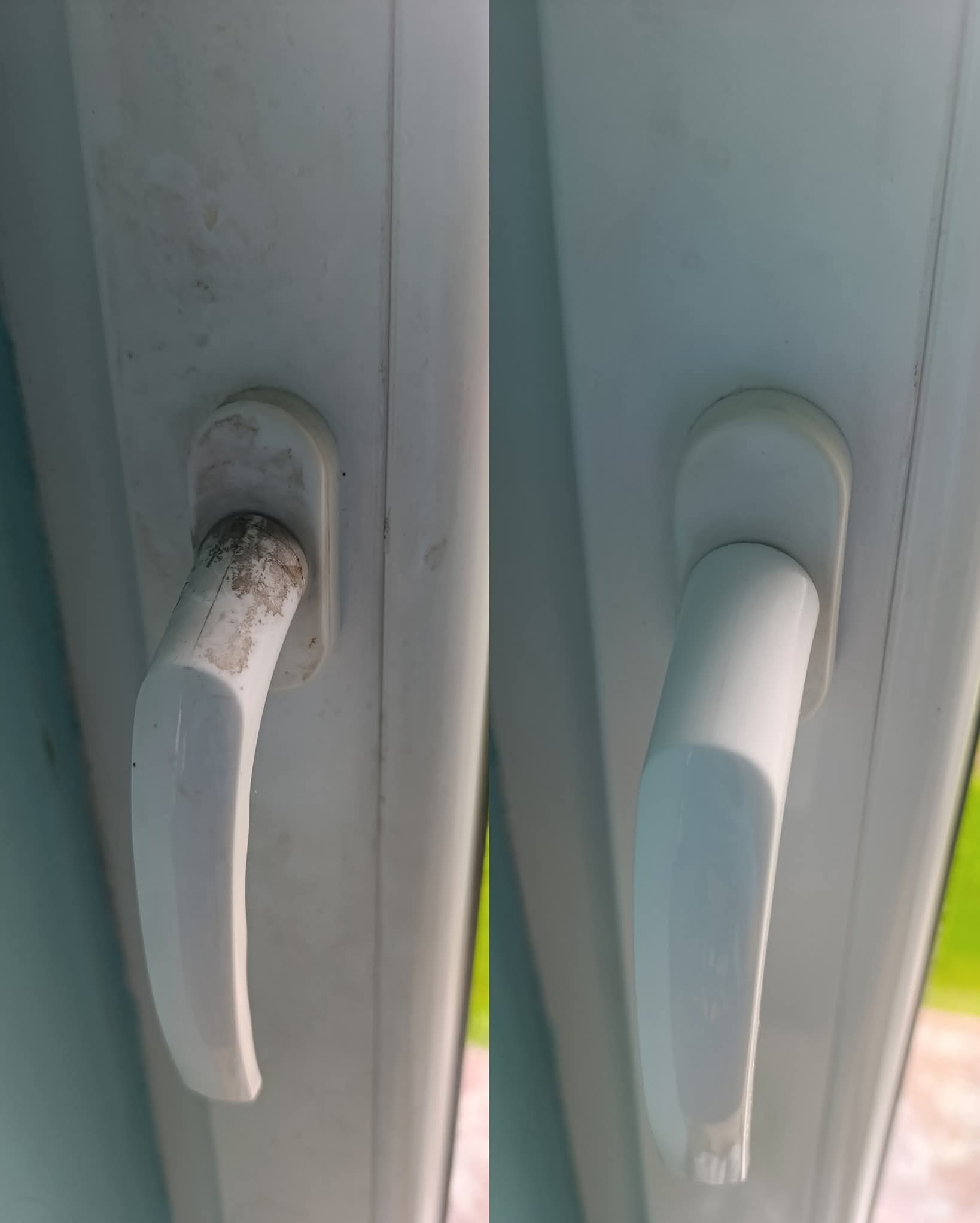 Okno PCV przed i po czyszczeniu: brudna klamka okienna po lewej, lśniąca czystością po prawej. Widoczne detale zabrudzeń i efekt dokładnego umycia.