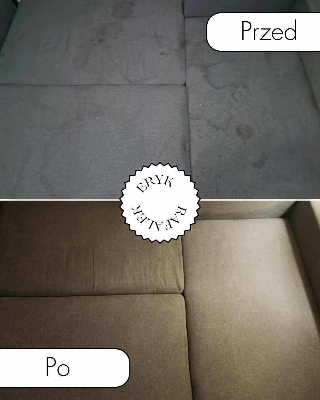 Szara kanapa narożna przed i po czyszczeniu, widoczne plamy usunięte, z logo firmy pośrodku. Ujęcie z góry, równomierne oświetlenie.