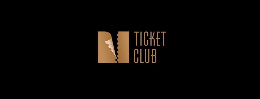 Złote logo 'Ticket Club' na czarnym tle. Logo zawiera element graficzny przypominający odrywaną kartkę z kalendarza.