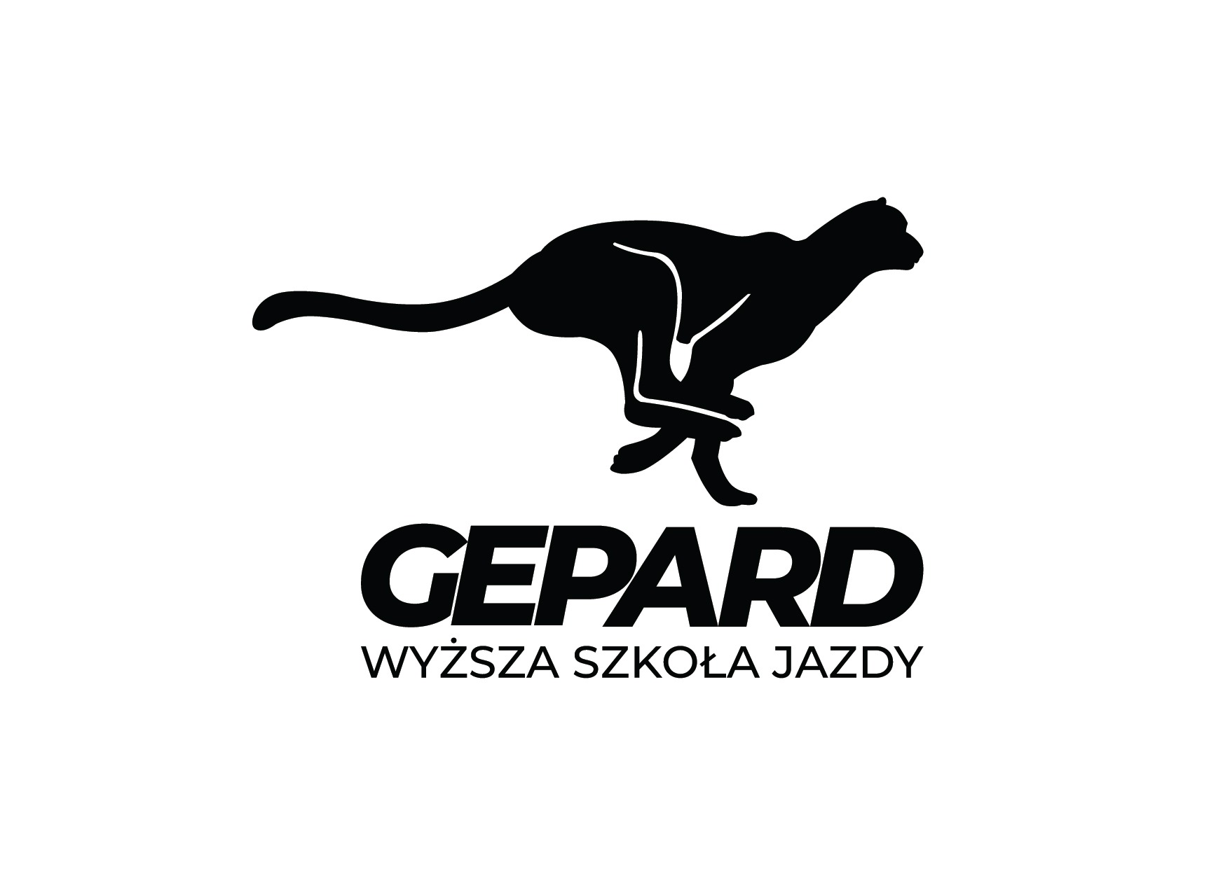 Logo 'Gepard Wyższa Szkoła Jazdy' z sylwetką biegnącego geparda w czerni na białym tle. Minimalistyczny design, dynamiczna kompozycja, wyraźny font.