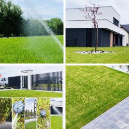 Zieleń Design Karol Błażyca - Kolaż: Zraszacze nawadniające trawnik, nowoczesny dom z ogrodem, brama wjazdowa i detale systemu nawadniania. Zadbane trawniki i elementy architektury krajobrazu.
