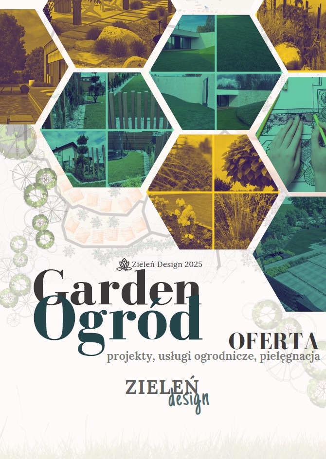 Grafika prezentująca ofertę firmy ogrodniczej: kolaż zdjęć ogrodów w heksagonach, plan ogrodu, logo 'Garden Ogród' i hasło 'projekty, usługi ogrodnicze, pielęgnacja'.